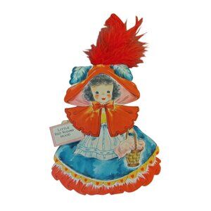 Vintage 1947 Hallmark Dolls Greeting Card, Little Red Riding Hood Feather Love